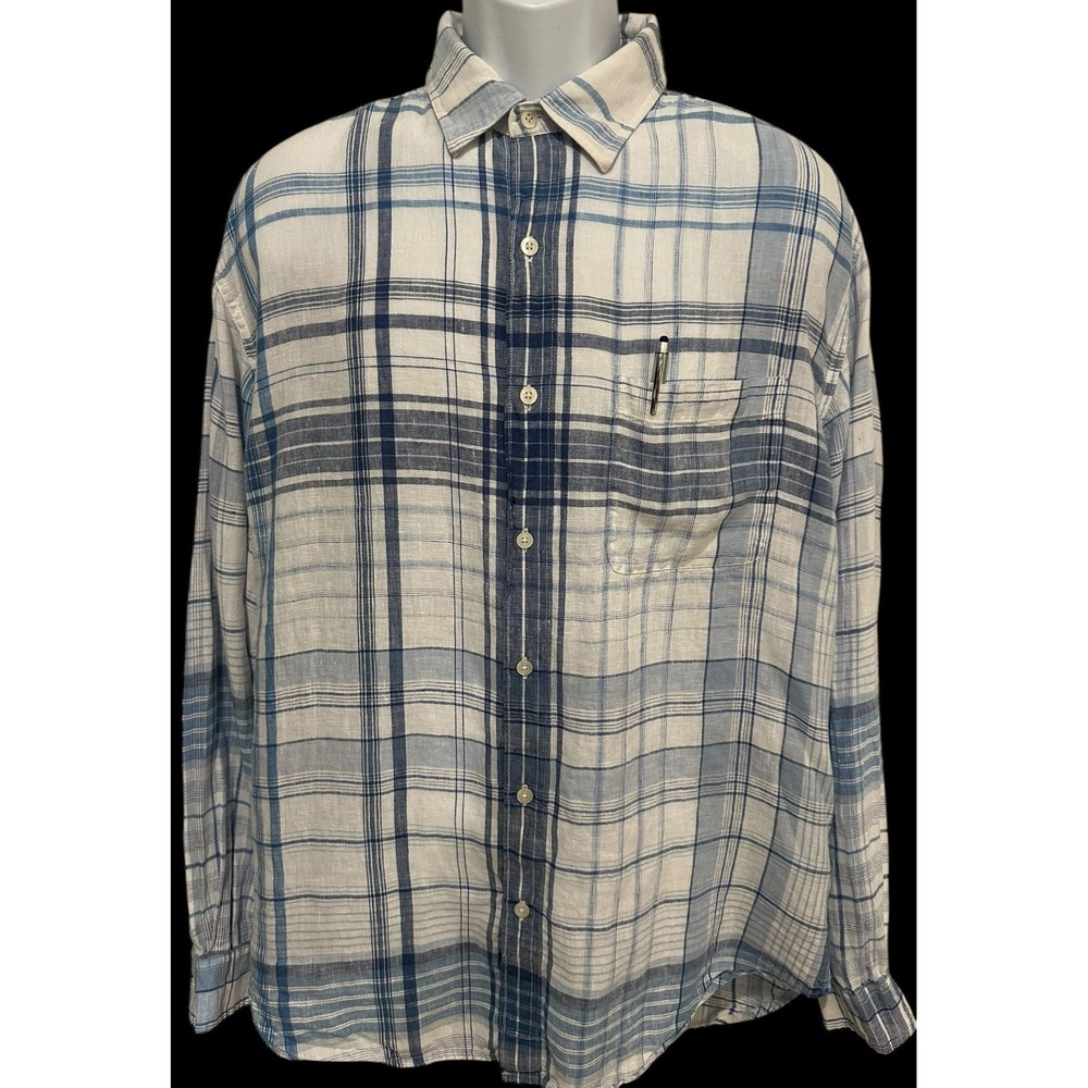 The Territory Ahead Men Shirt L Linen White Blue Plaid Beach Cruise Summer Butto